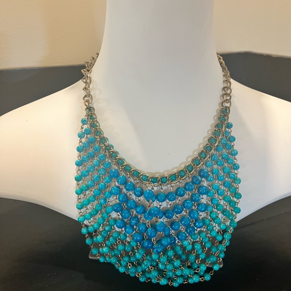 Talbots Turquoise Beaded Bib Statement Necklace Gold Tone Chain Fringe